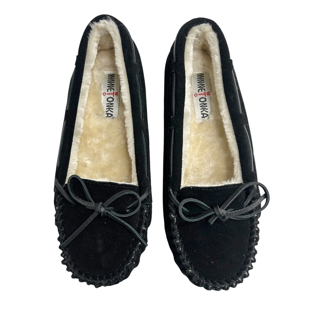 Minnetonka Cally Suede Moccasin Slippers 9M Black Faux Fur Lined Cozy Cabin Core